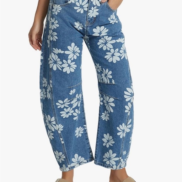 New Collection Ked Women Laser Daisy Flower Barrel Jeans Hippy Boho Slouchy Sz16 - Picture 1 of 8